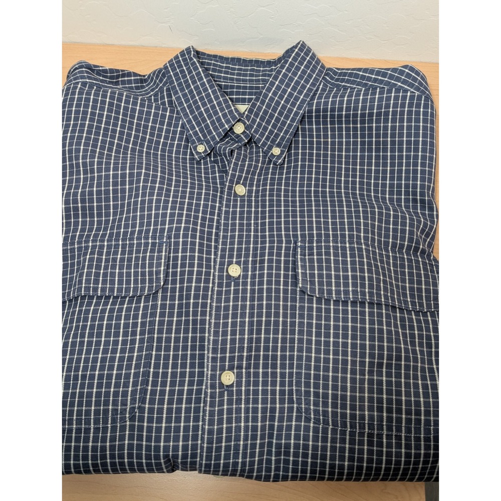 Eddie Bauer Mens Large Navy Blue White Grid Check Button Down Shirt Long Sleeve